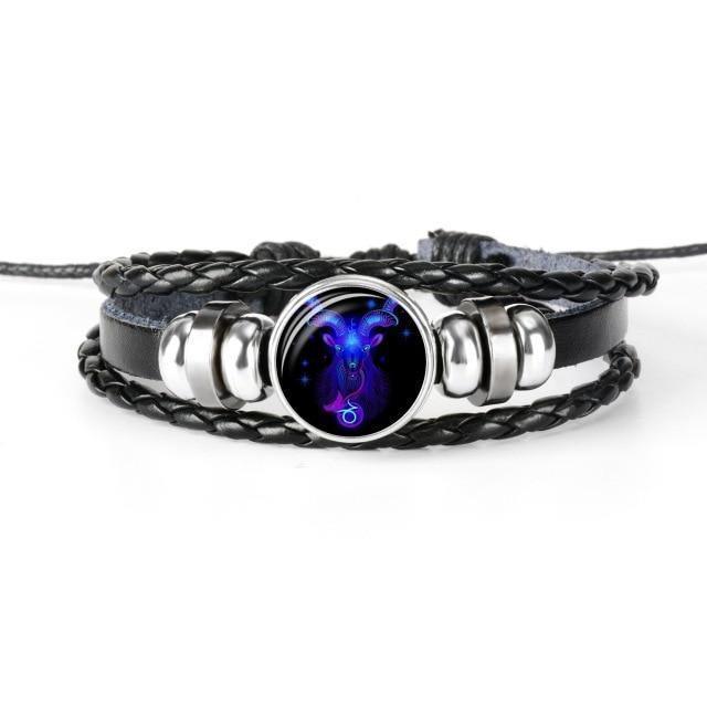 Unique zodiac sign wristbands featuring a braided leather design and a vibrant zodiac symbol centerpiece