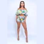 Athina colorful off shoulder vacation two piece set with ruffled crop top and high waist shorts