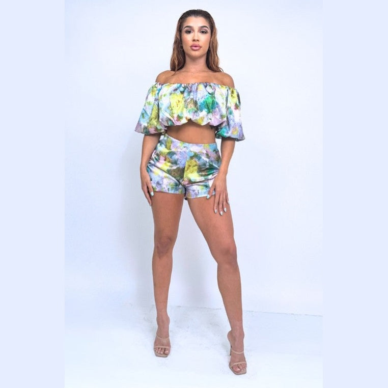 Athina colorful off shoulder vacation two piece set with ruffled crop top and high waist shorts