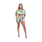 Athina vacation two piece set featuring off-shoulder floral crop top and matching high-waist shorts