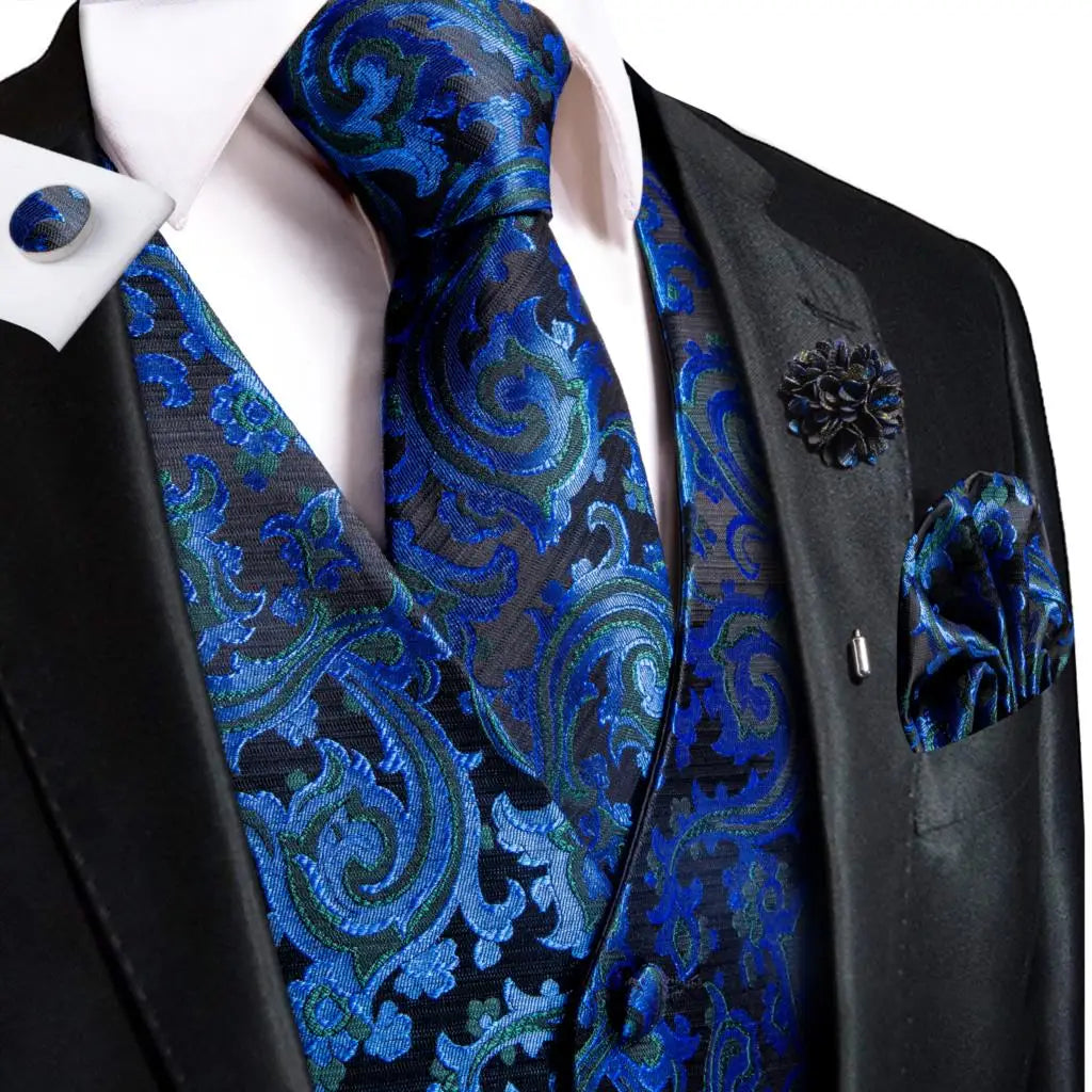 Blue paisley vest and tie sets for men, perfect for formal occasions