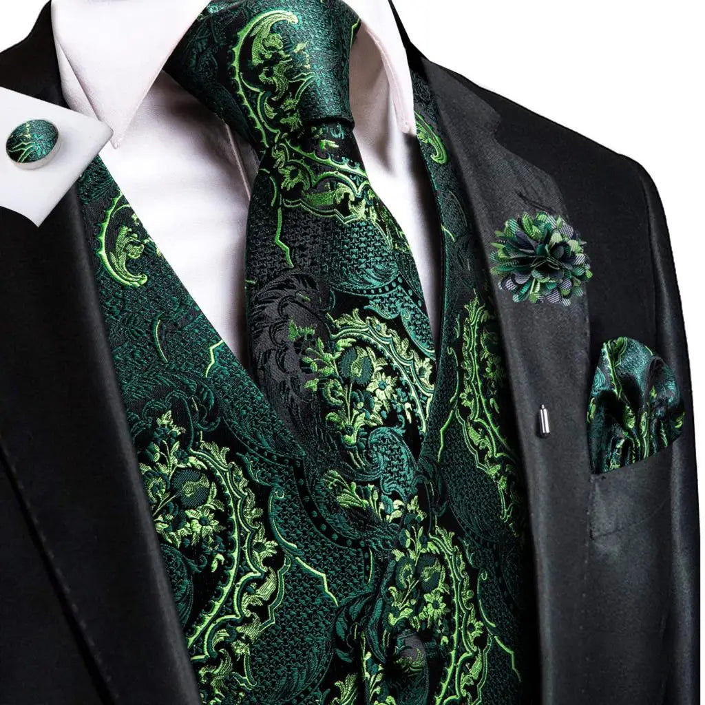 Green paisley vest and tie sets for men, perfect for formal events