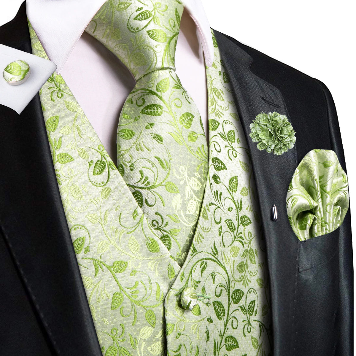 Elegant green vest and tie sets for men, perfect for formal events