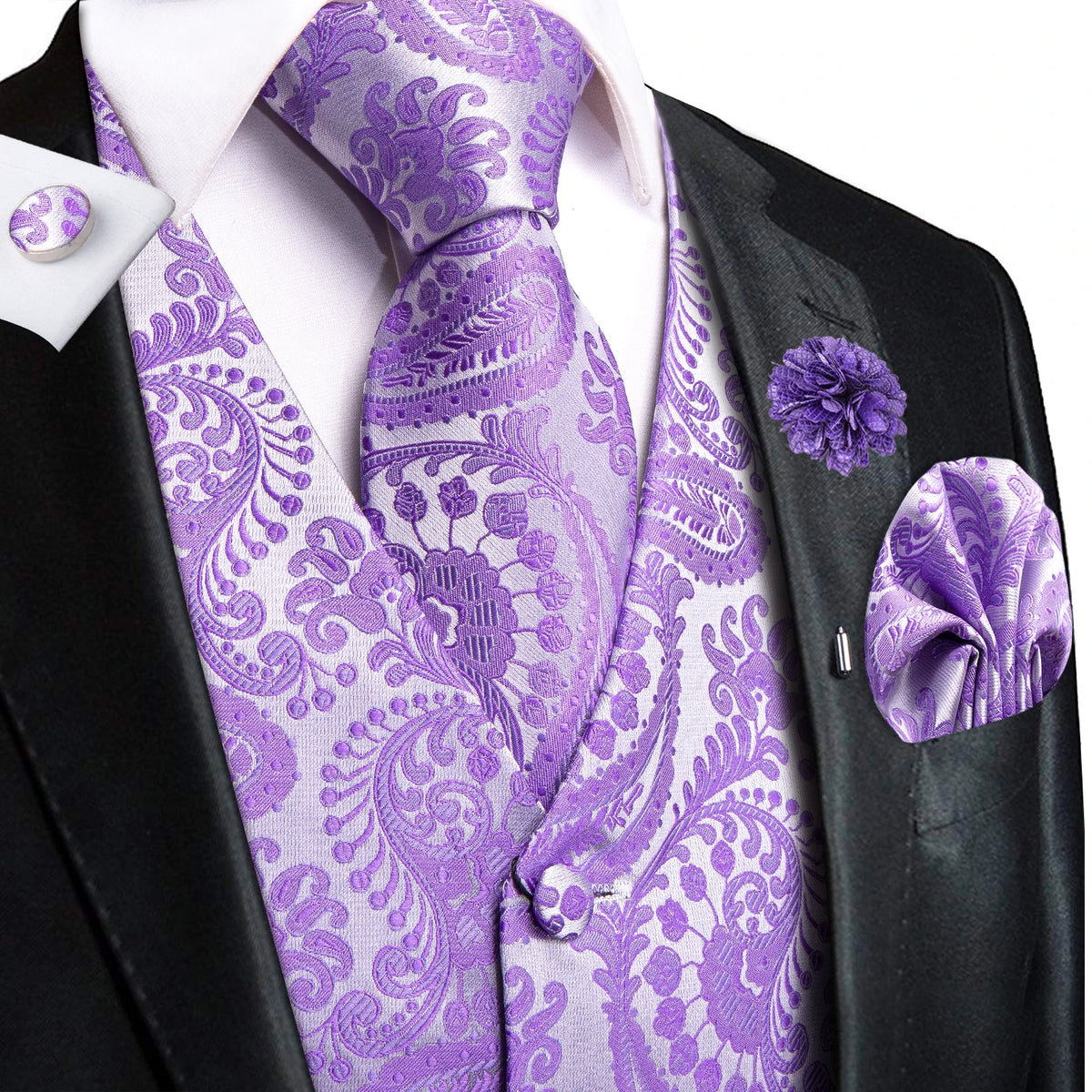 Purple vest and tie sets for men with paisley design, formal wear