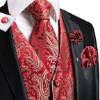 Red paisley vest and tie sets for men, perfect for formal occasions