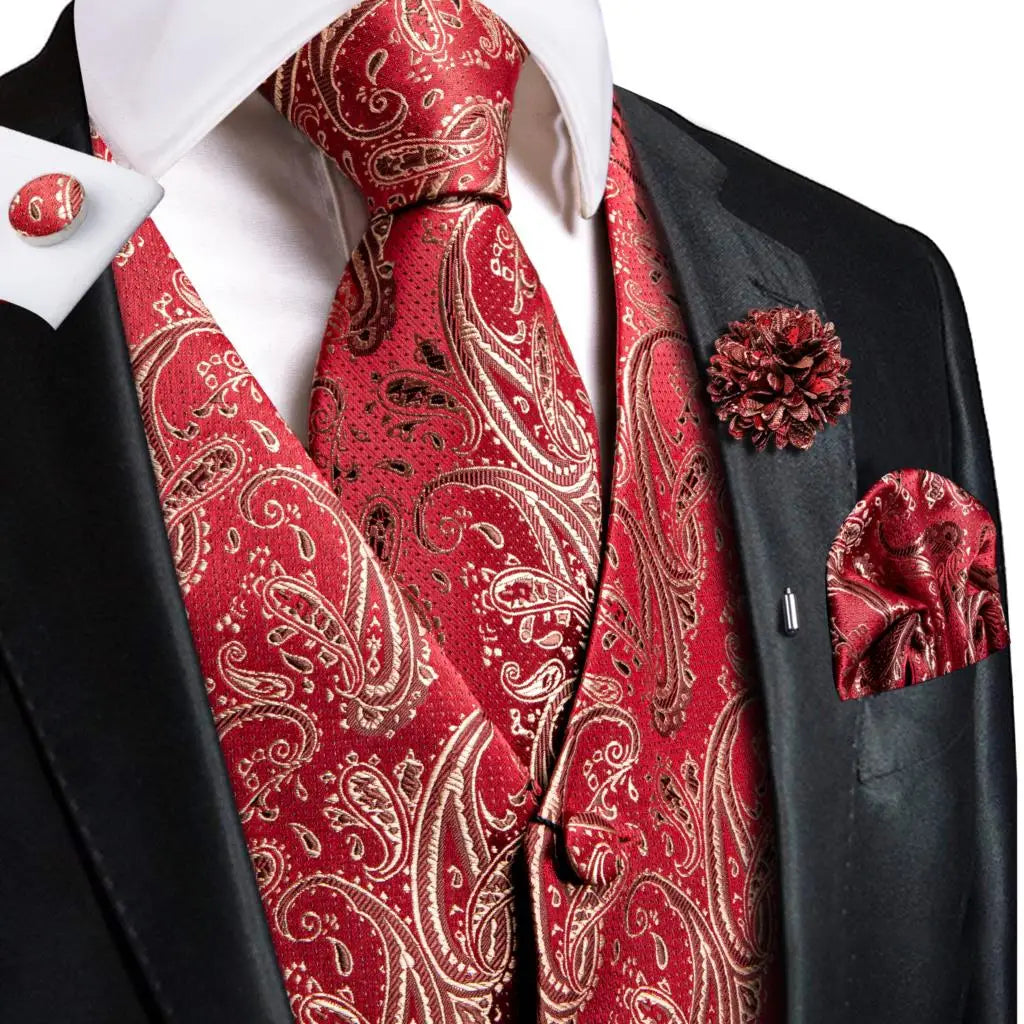 Red paisley vest and tie sets for men, perfect for formal occasions