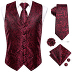 Burgundy paisley vest and tie sets for men with matching pocket square
