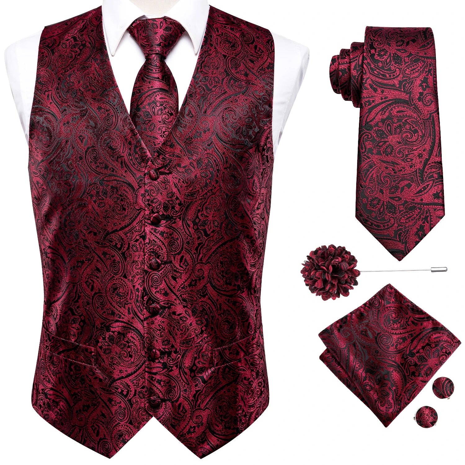 Burgundy paisley vest and tie sets for men with matching pocket square