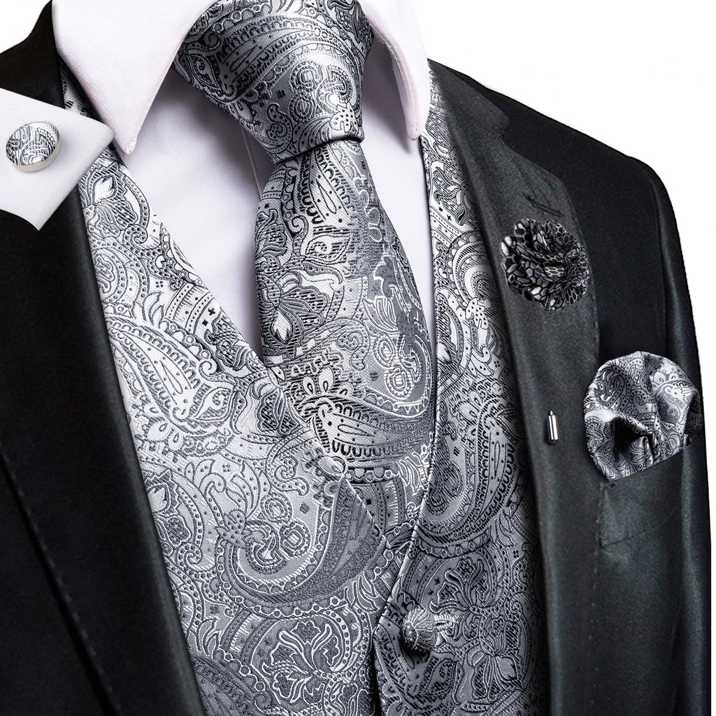 Silver paisley vest and tie sets for men, formal occasion wear