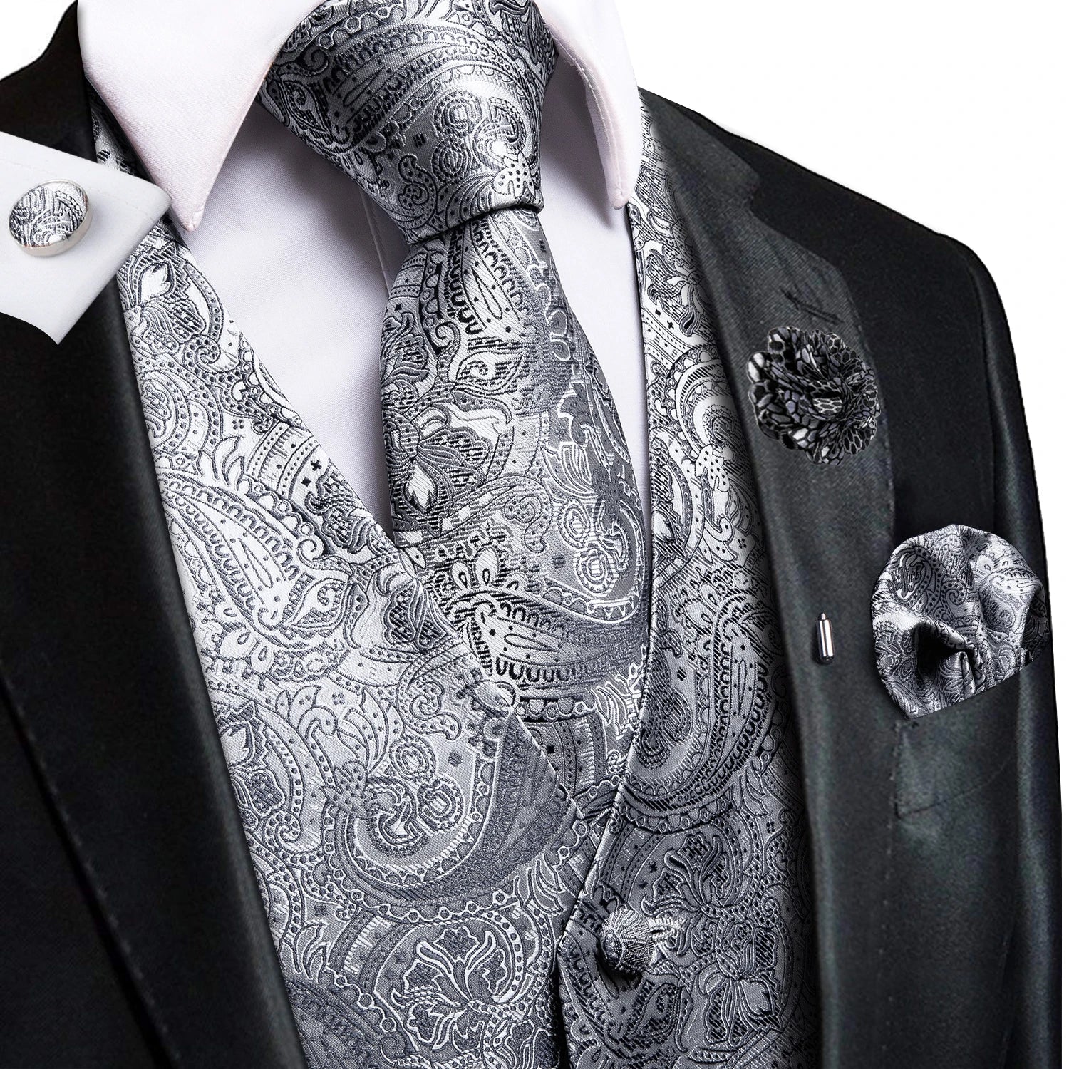 Silver paisley vest and tie sets for men, formal occasion wear