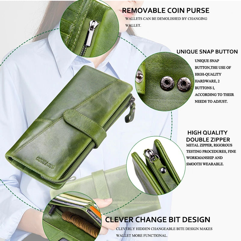 Green leather men's wallet with removable coin purse and unique snap button
