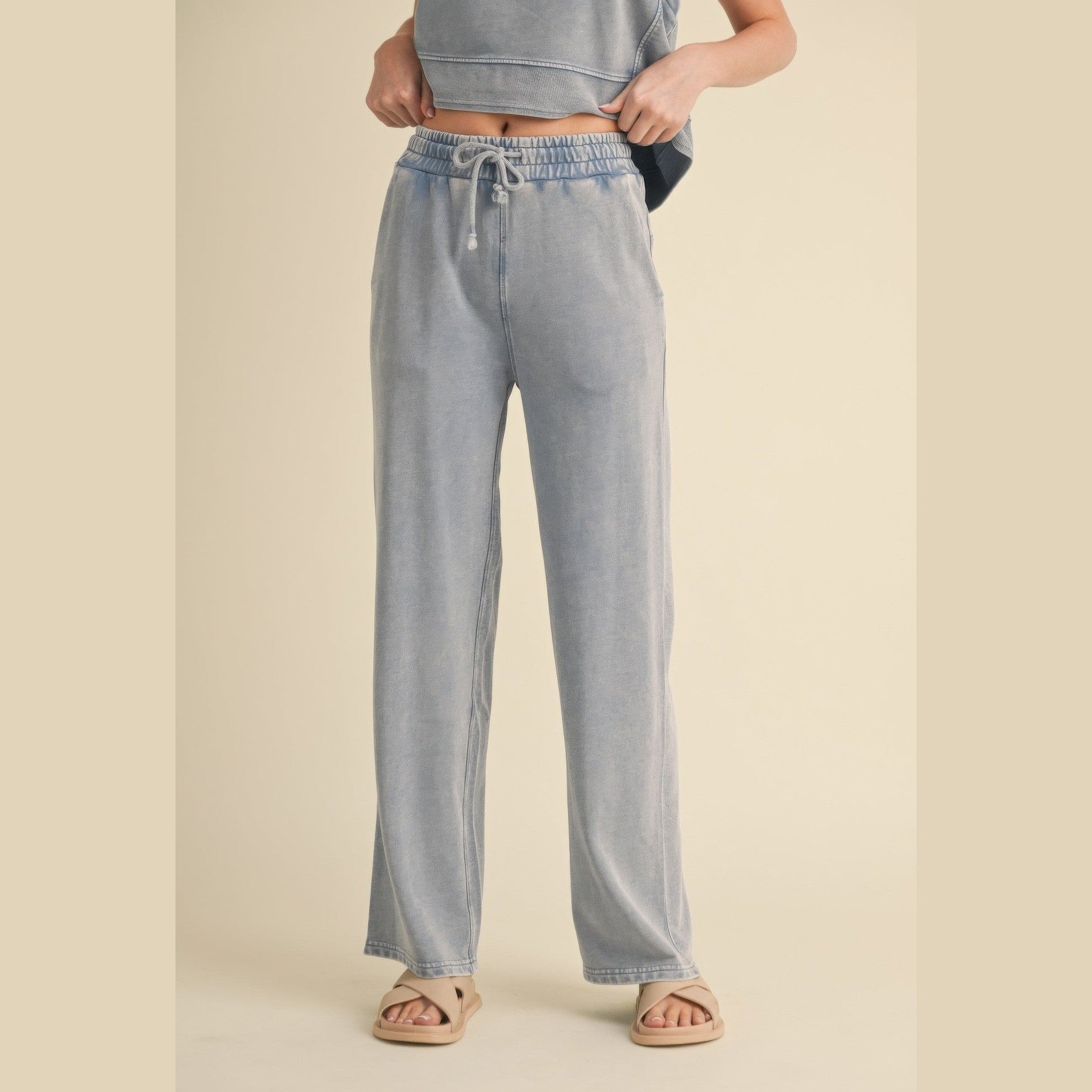 VacationGrabs womens relaxed fit mineral wash trousers in light gray with drawstring waist