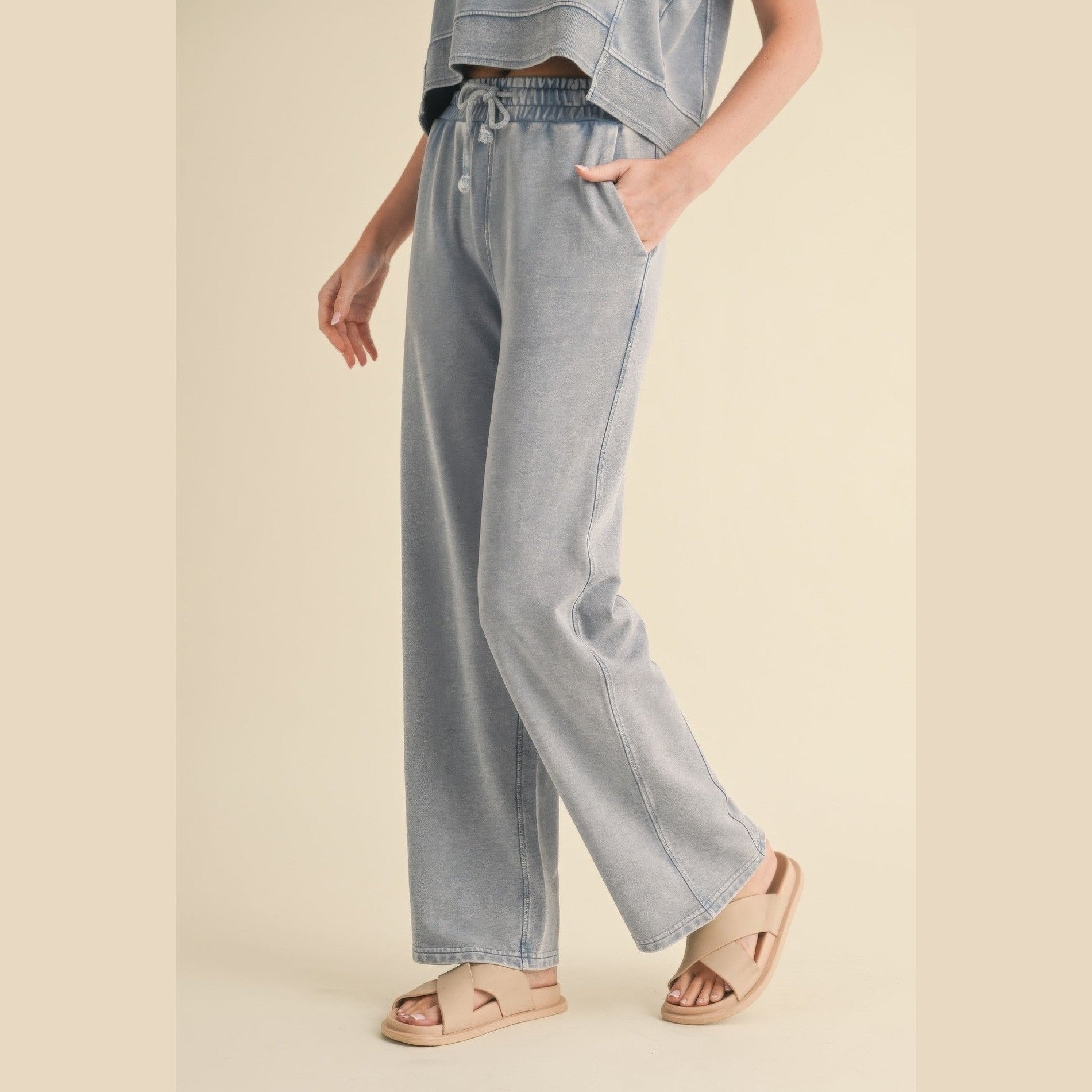 VacationGrabs womens relaxed fit mineral wash trousers in light blue with drawstring waist and side pockets