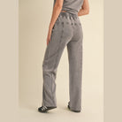 VacationGrabs womens relaxed fit mineral wash trousers in gray with elastic waist and straight leg