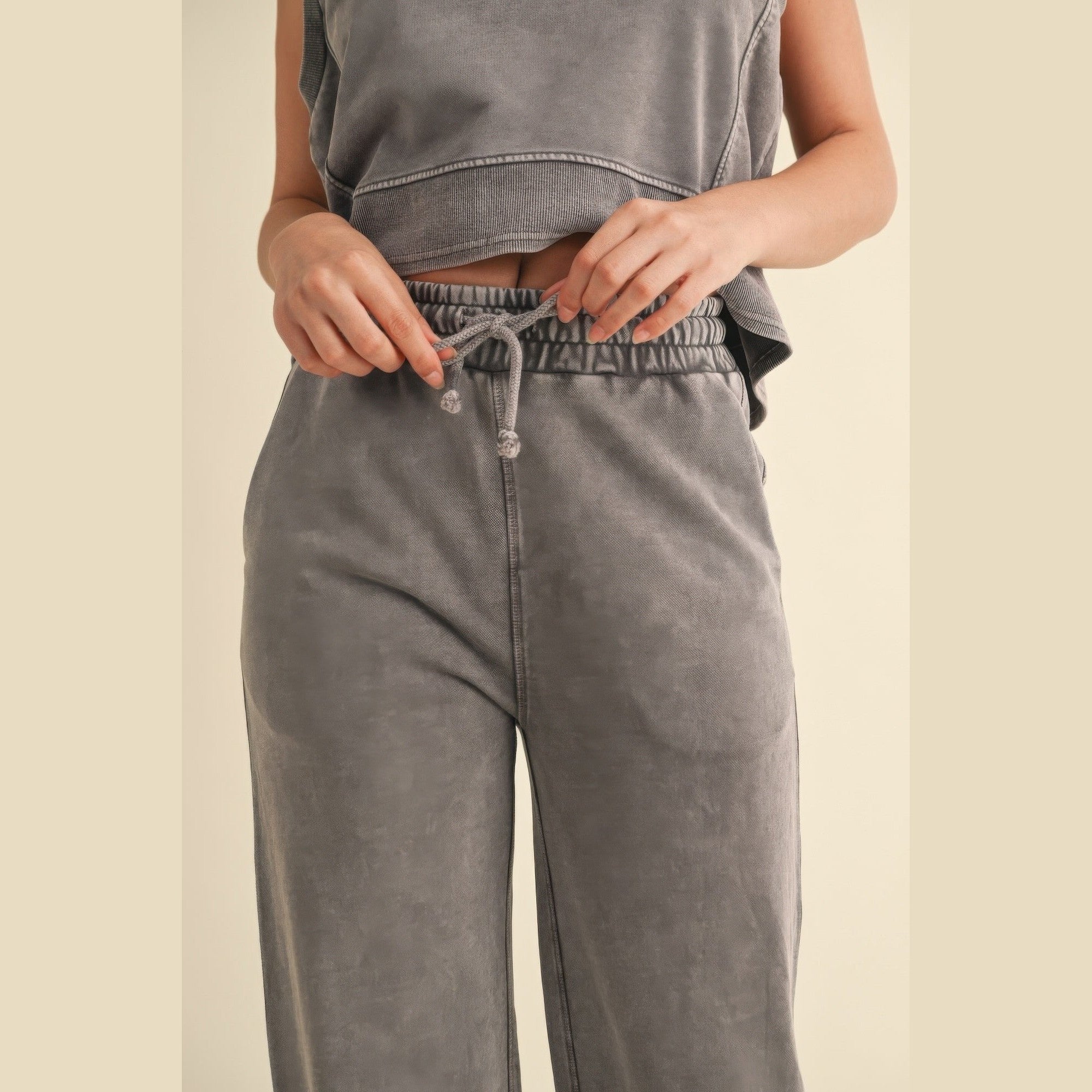 VacationGrabs womens relaxed fit mineral wash trousers in grey with adjustable drawstring waist