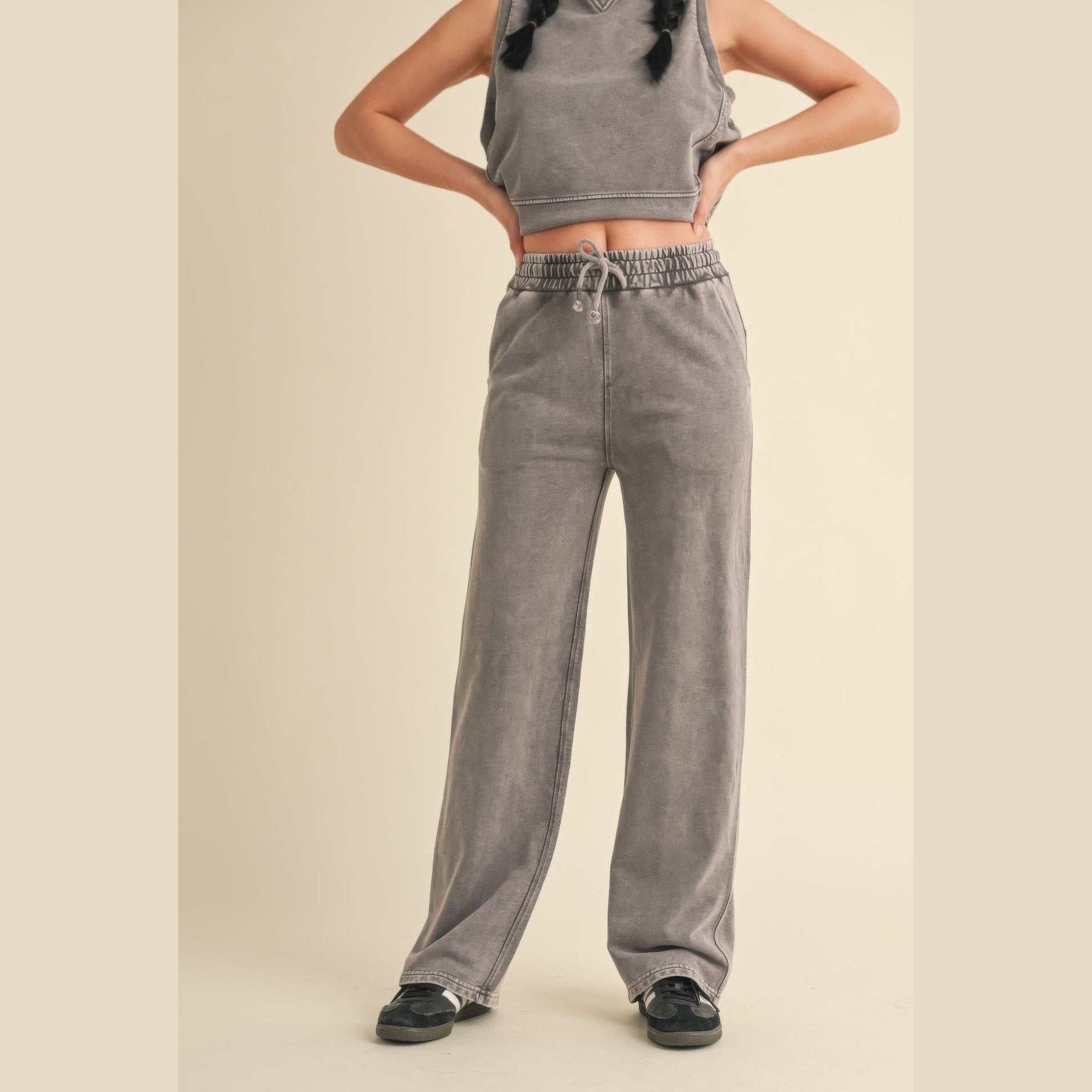 VacationGrabs womens relaxed fit mineral wash trousers in gray with drawstring waist and wide legs