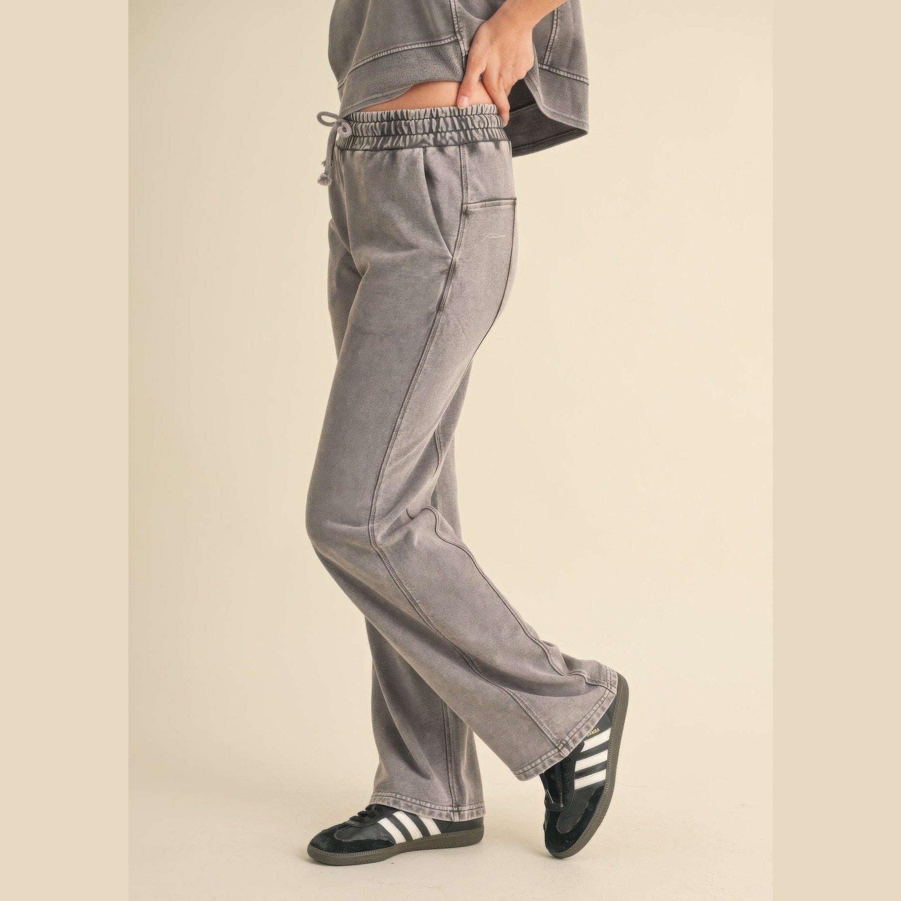 VacationGrabs womens relaxed fit mineral wash trousers in gray with elastic waistband and casual style