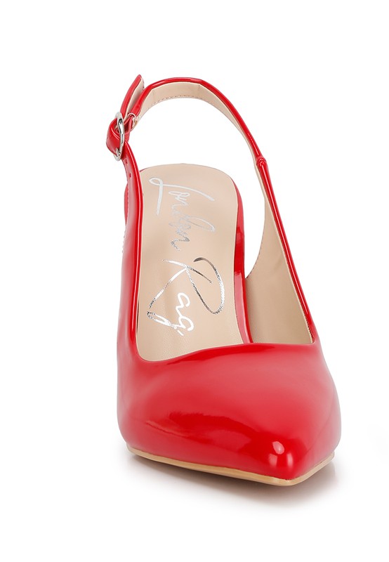 Women's slingback block heel sandals in shiny red for stylish occasions