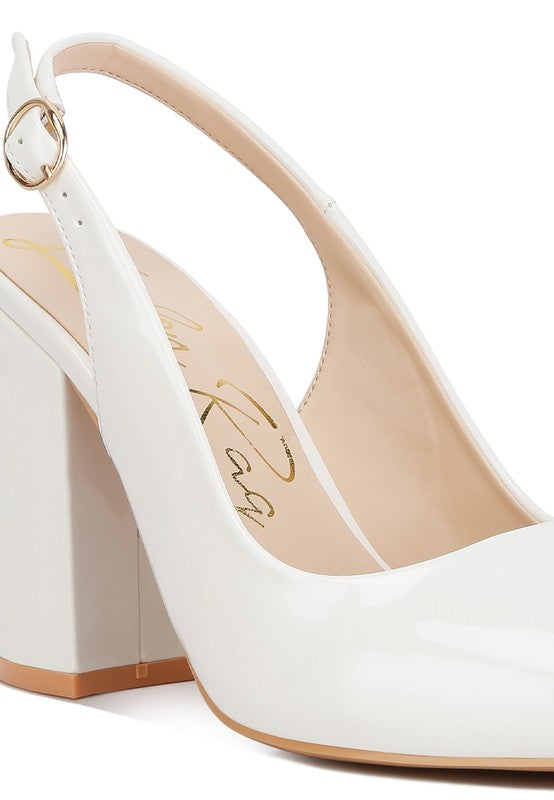 women's slingback block heel sandals, white patent leather for stylish occasions