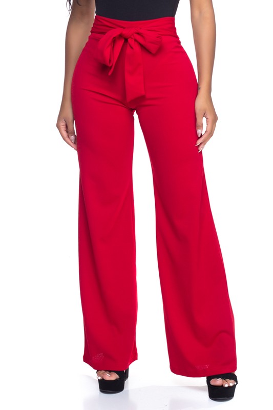 Red women's tie front pants, perfect for casual outings