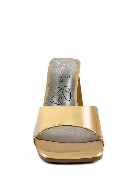 Women's triangular block heel sandals in gold for stylish occasions