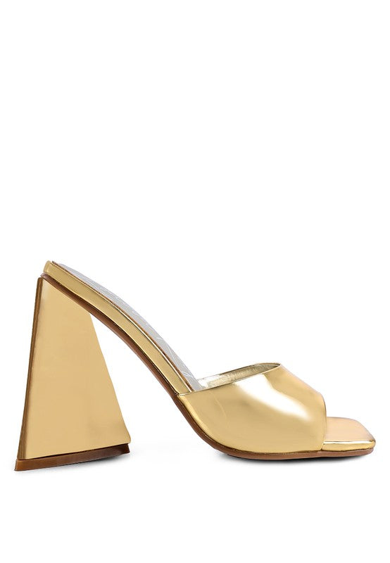 Rag Company women's triangular block heel sandals in shiny gold for stylish events
