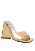 women's triangular block heel sandals in gold, stylish for summer events