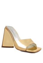 women's triangular block heel sandals in gold, stylish for summer events