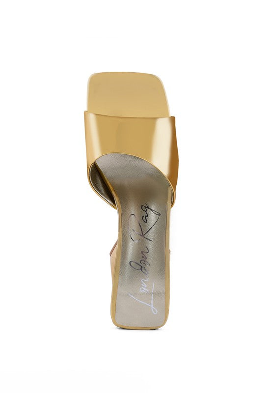 Women's triangular block heel sandals in shiny gold for stylish occasions