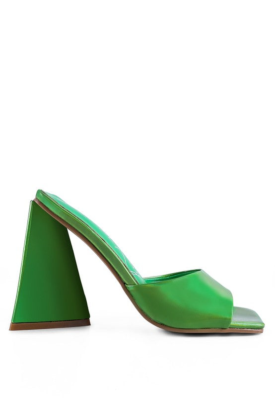 Women's triangular block heel sandals in vibrant green for stylish occasions