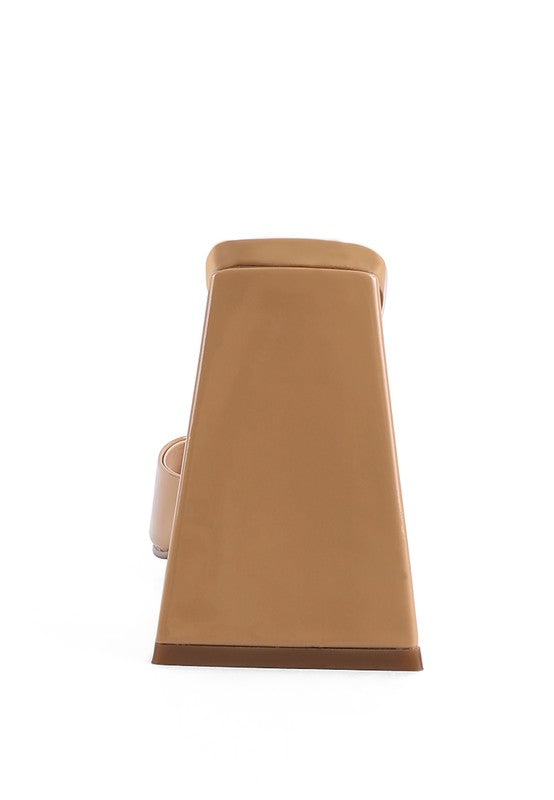 women's triangular block heel sandals in tan, stylish and comfortable
