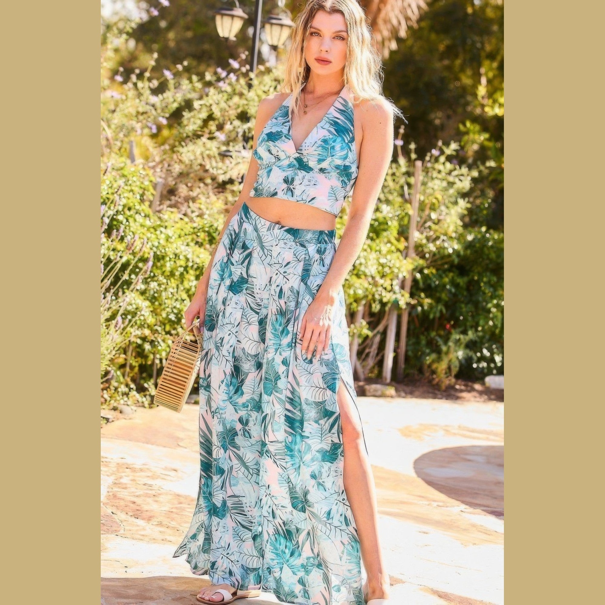 VacationGrabs women's vacation pants with tropical leaf print and side slit perfect for warm weather