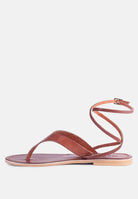 London Rag International wrap up tie flat sandals in brown leather with stylish ankle strap design