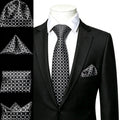 Black patterned pocket square with styling instructions on how fold a pocket square