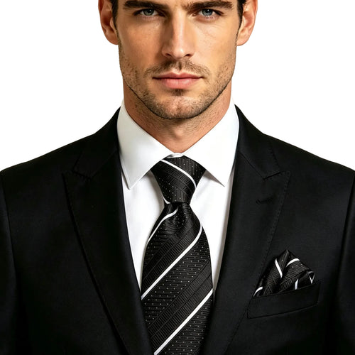 Men's black suit with a pocket square, learn how to fold a pocket square
