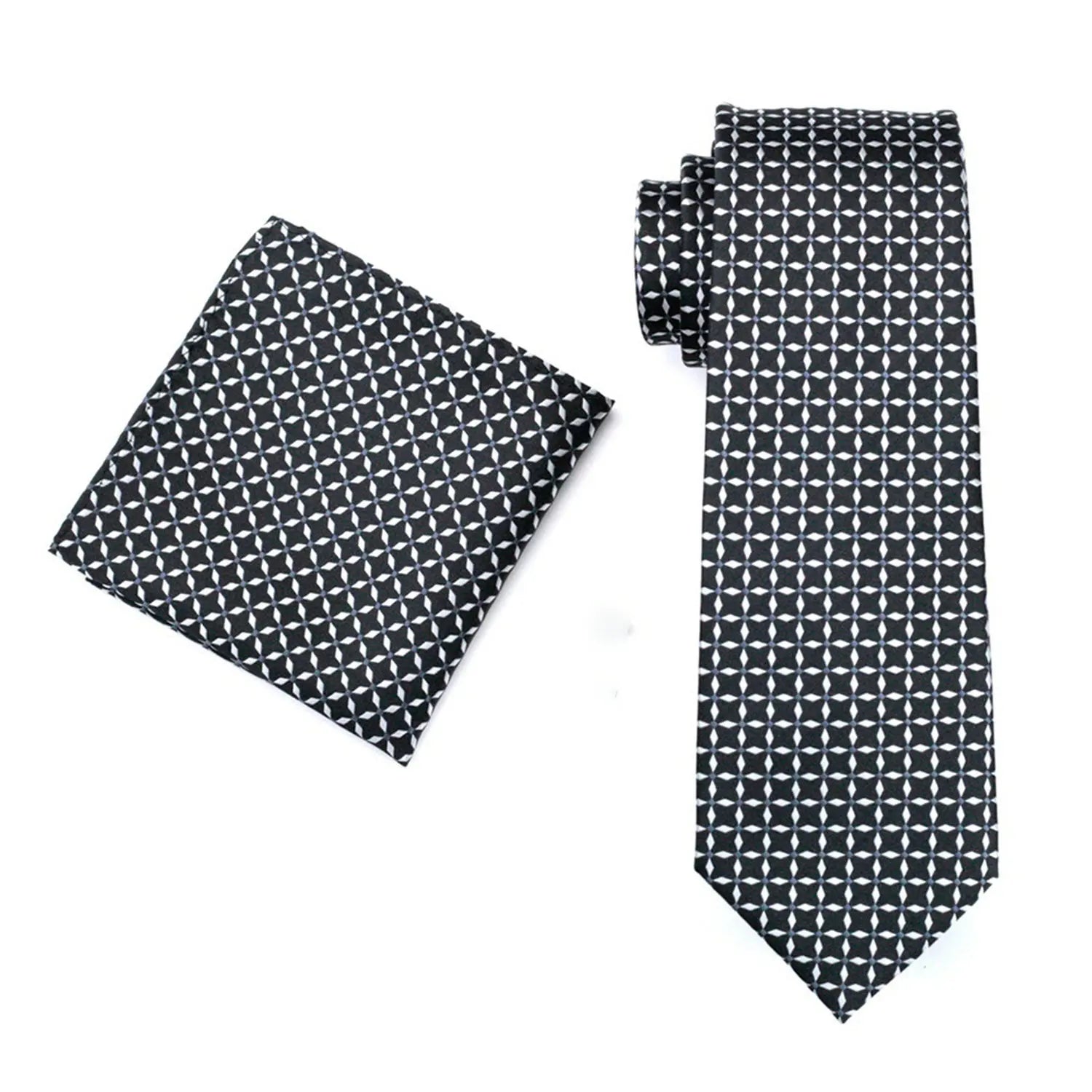 Black patterned tie set, includes pocket square to learn how fold a pocket square