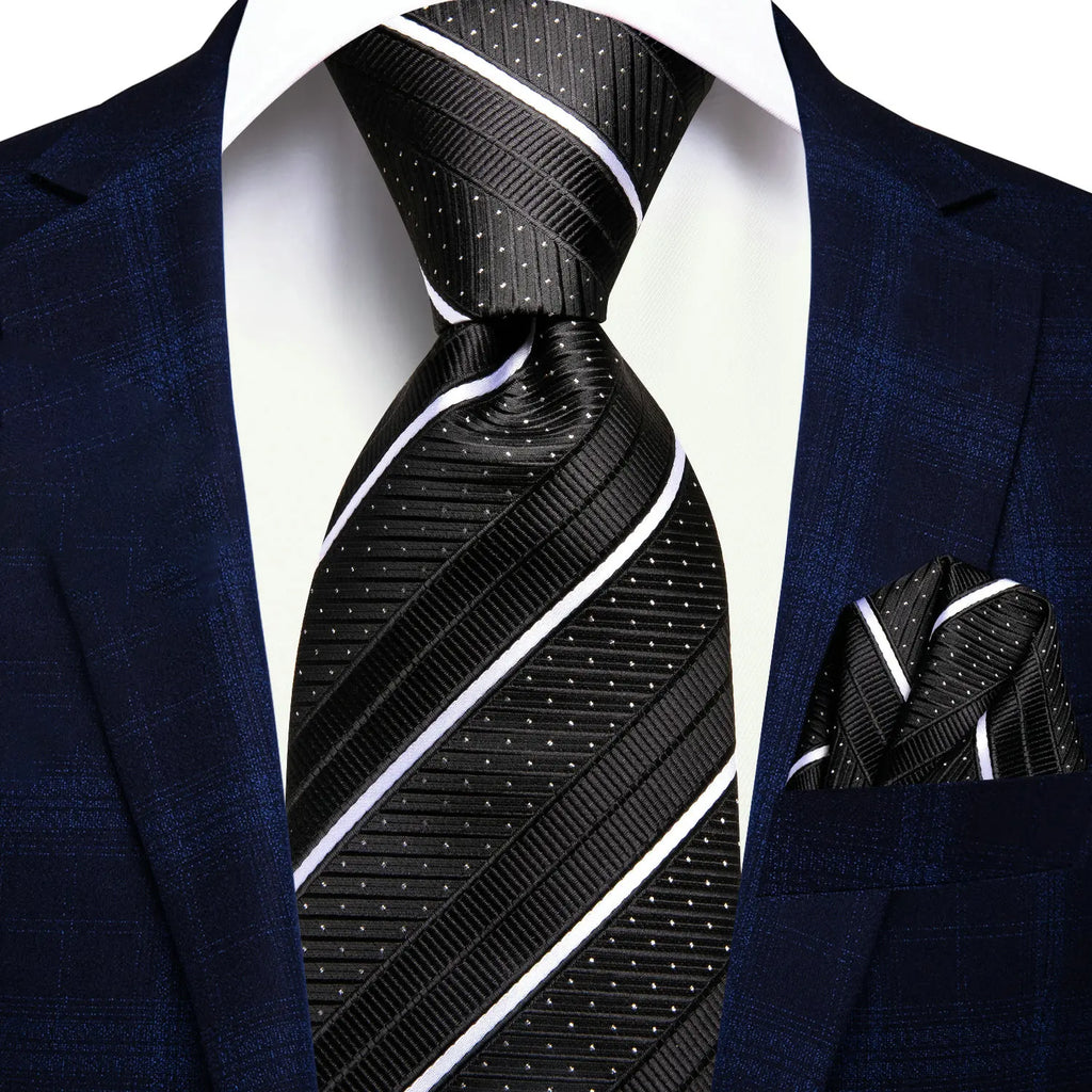 Black silk tie with white stripes and pocket square, learn how fold a pocket square