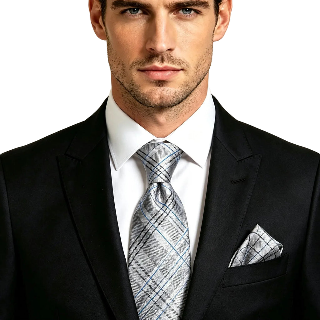 Men's grey plaid pocket square demonstrating how fold a pocket square