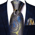Men's black paisley tie with matching pocket square, formal wear