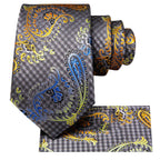 Men's paisley tie in gray with colorful patterns, perfect for formal occasions