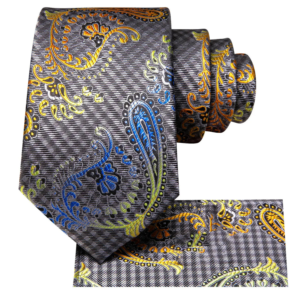 Men's paisley tie in gray with colorful patterns, perfect for formal occasions