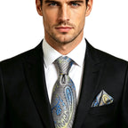 Men's paisley tie in blue and silver, perfect for formal wear, how to tie mens tie