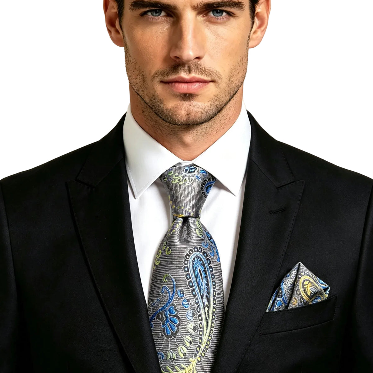 Men's paisley tie in blue and silver, perfect for formal wear, how to tie mens tie