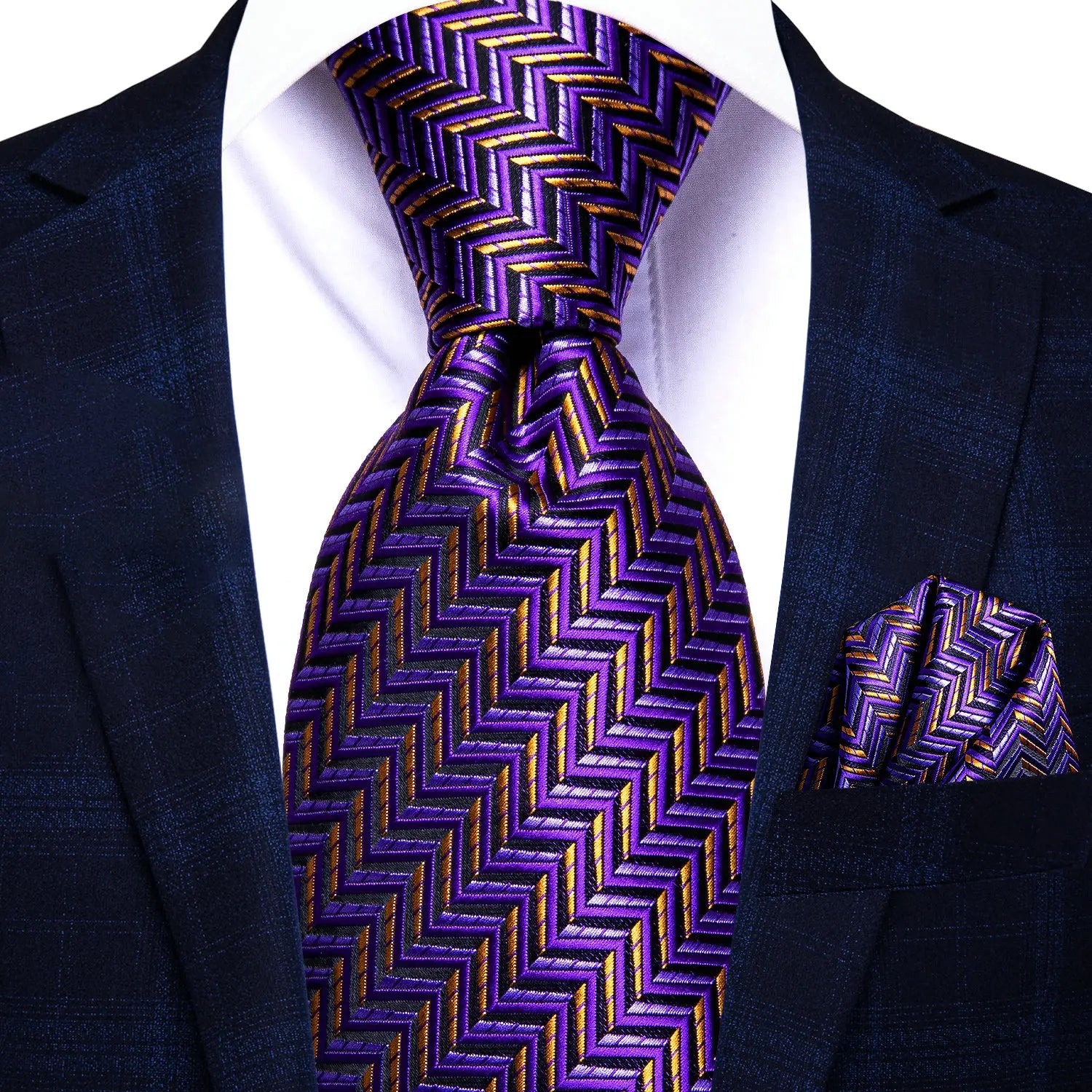Purple and gold chevron necktie with matching pocket square, formal attire