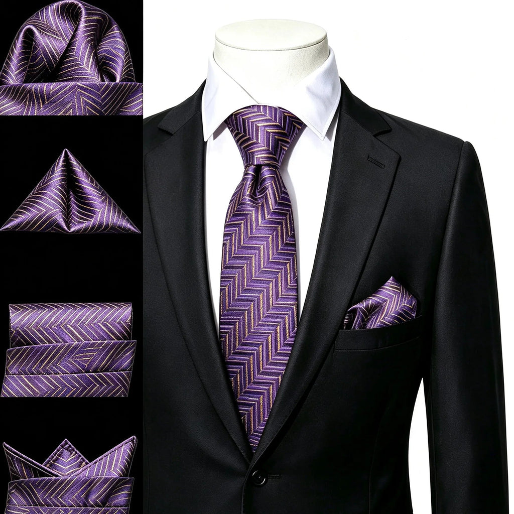 Purple patterned necktie and pocket square for formal occasions, how to tie necktie