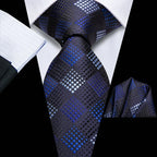 Men's blue checkered necktie with matching pocket square, formal wear