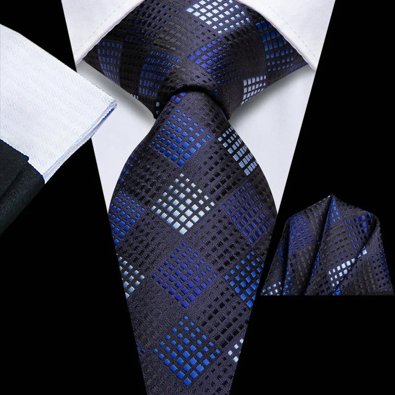 Men's blue checkered necktie with matching pocket square, formal wear