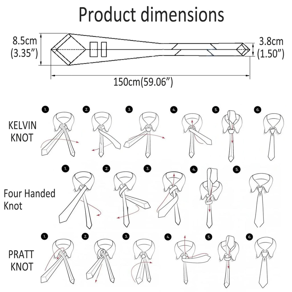 Men's tie with instructions on how to tie men's tie using Kelvin and Pratt knots