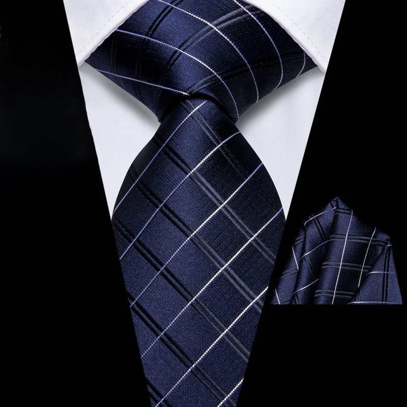 Men's navy blue plaid tie, silk material, for formal occasions