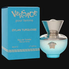 Versace Dylan Turquoise perfume for women in a stylish bottle with a blue box and natural spray label